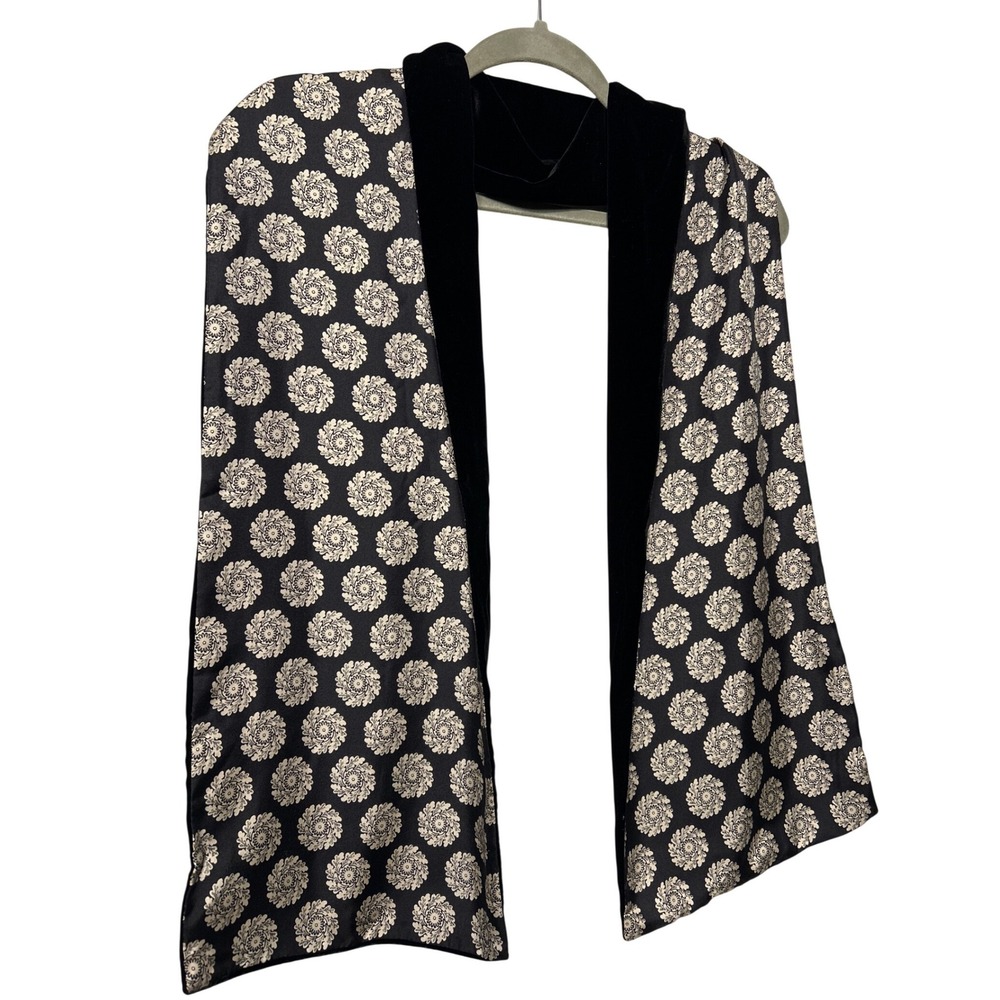 Reversible Medallion Floral Print and Black Velvet Long Evening Scarf